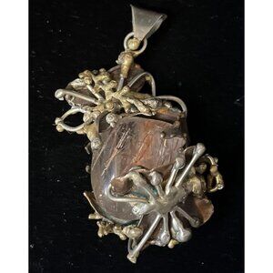 Vintage Brutalist Pendant Crystal Mixed Metals Silver Brass Copper 2.75" 37g